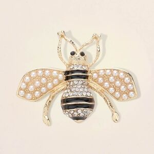 Black Gold Stripe Rhinestone Pearl Honey Bee Brooch Pin Fashion Accessory